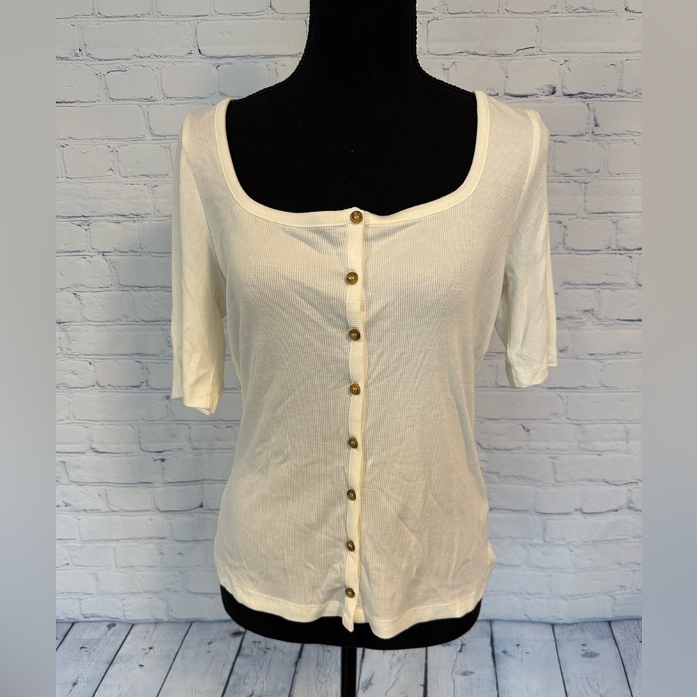 NWT Marine Layer Lexi Rib Button Through Top, Antique White, Scoop Neck, Large